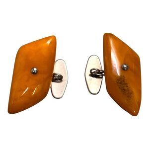 Vintage Butterscotch Egg Yolk Amber Sterling Silver Cufflinks Large 1" Dad Gift